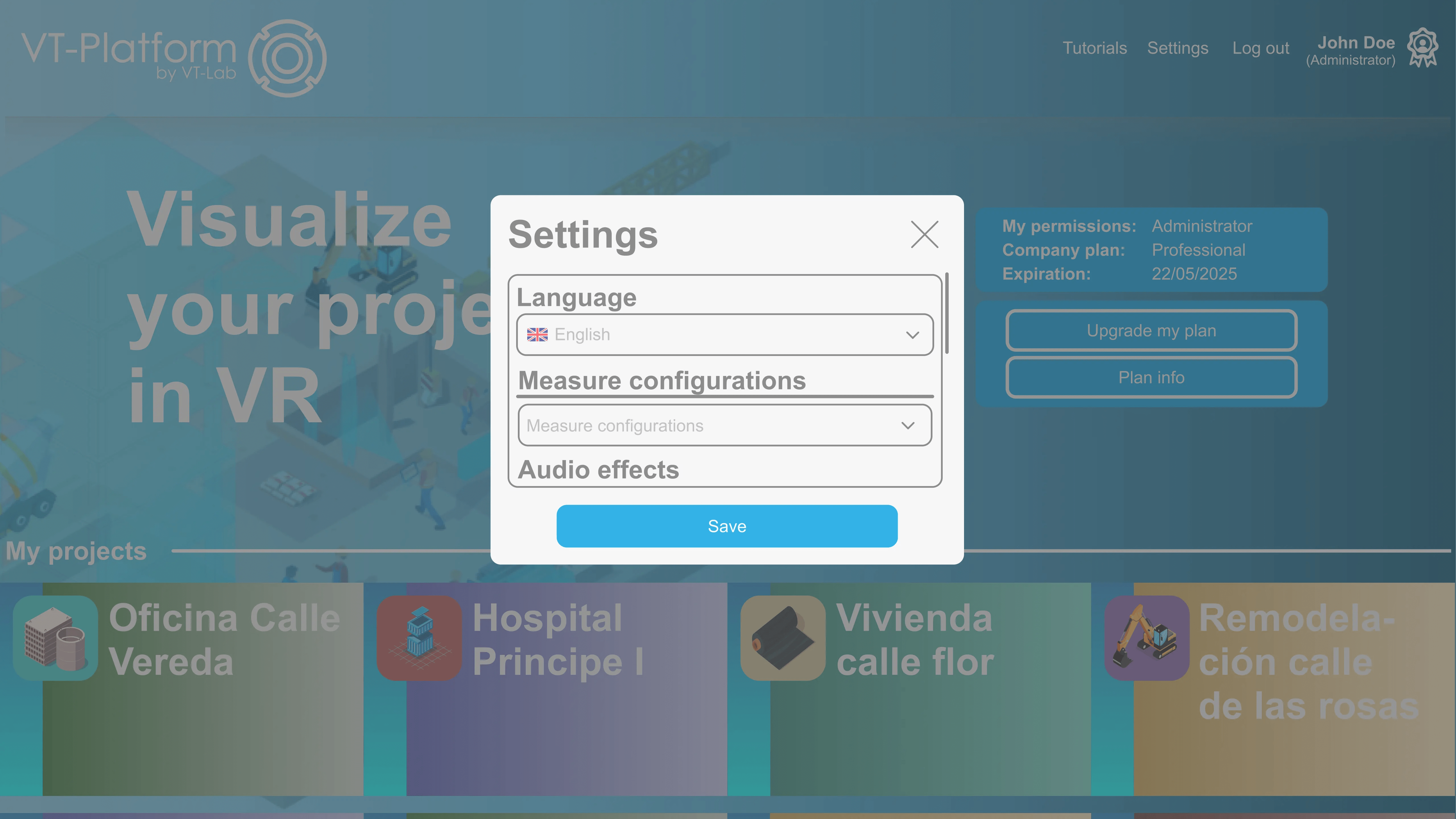 Vista de diseño en passtrought de los ajustes de aplicación de realidad virtual