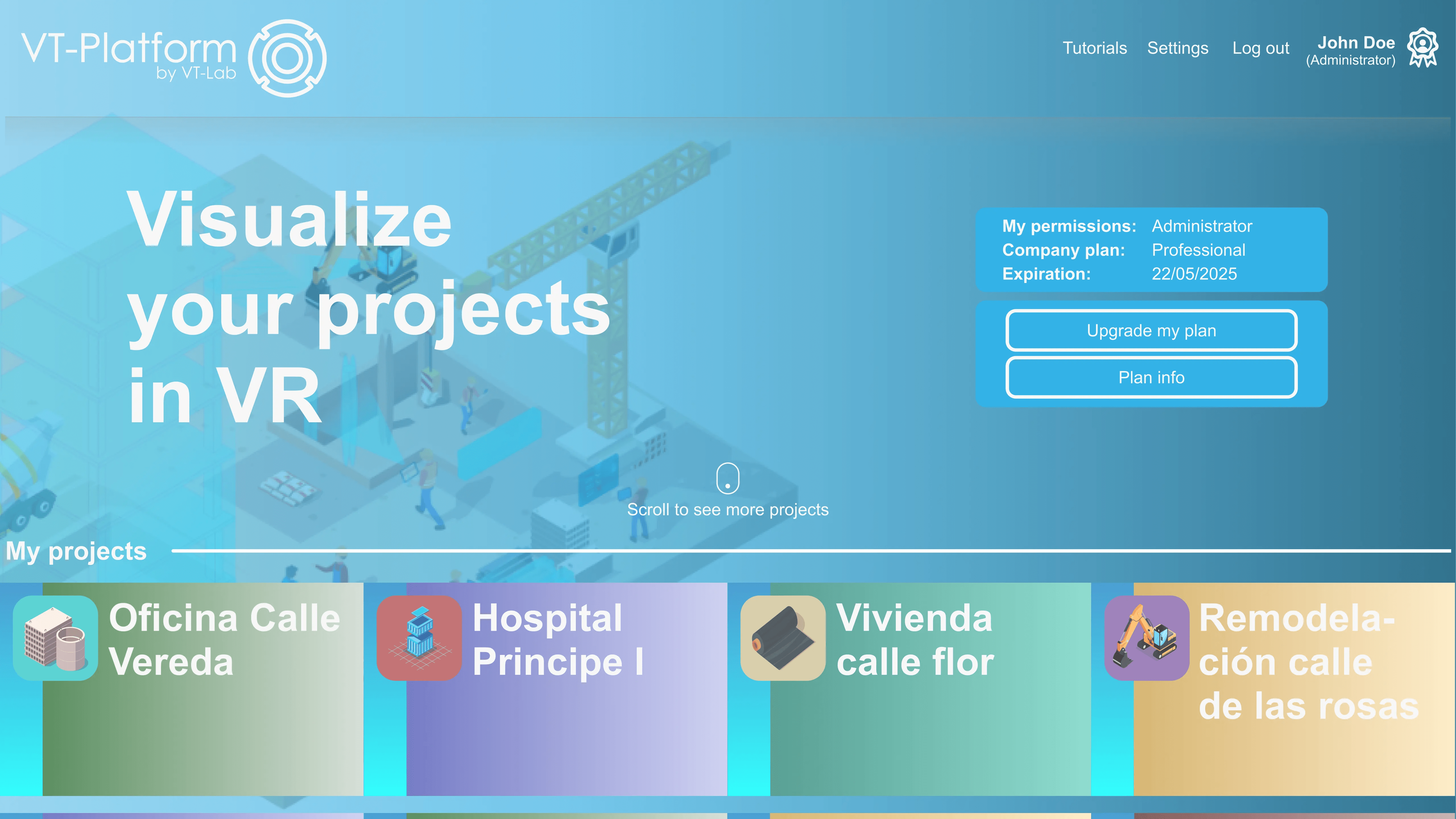 Pantalla de inicio de aplicación de realidad virtual vt lab