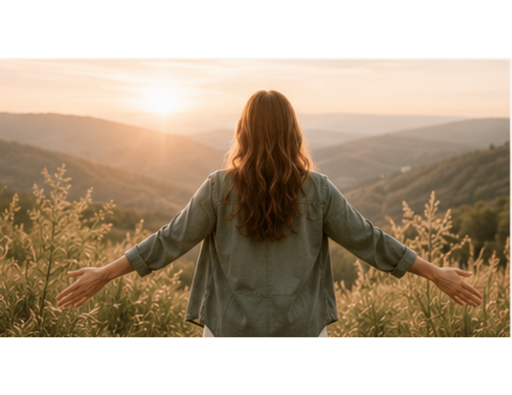 Woman standing at sunrise with arms open