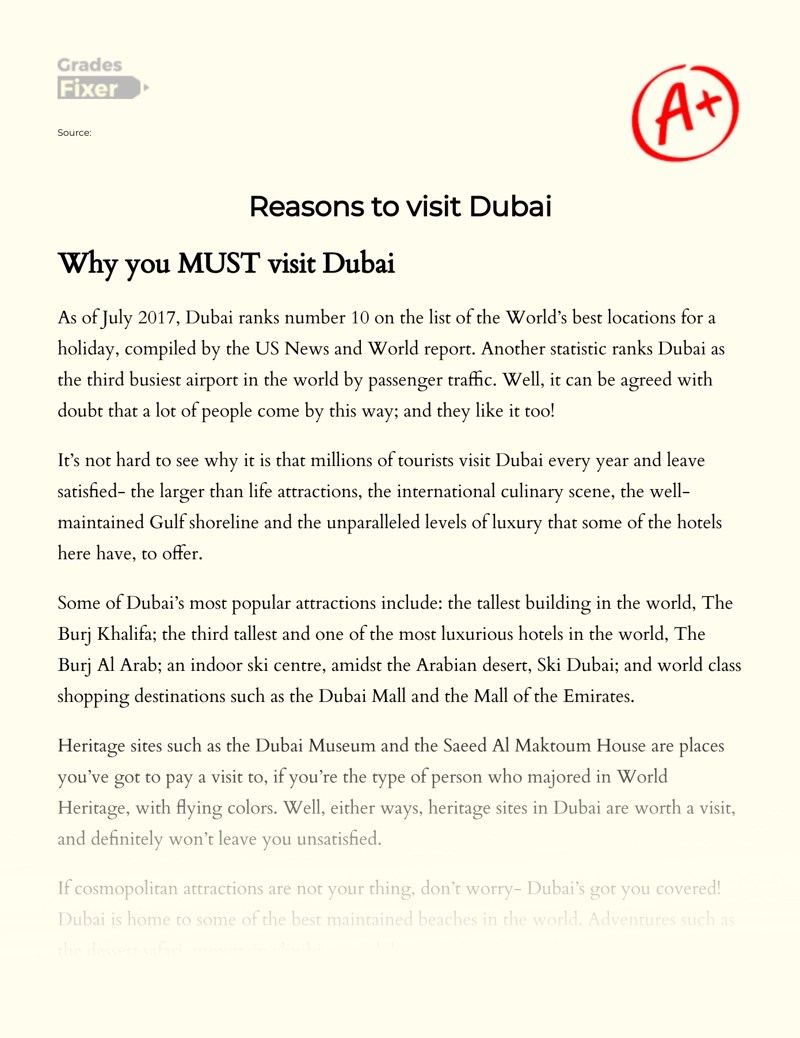 My Travel Aspirations: Why I Want to Visit Dubai: [Essay Example], 493  words GradesFixer