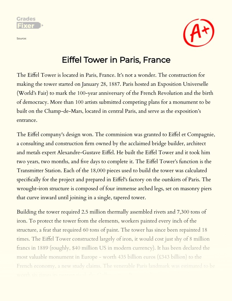 Descriptive Text About Place Eiffel Tower is an early model of wrought-iron construction on an enormous scale.