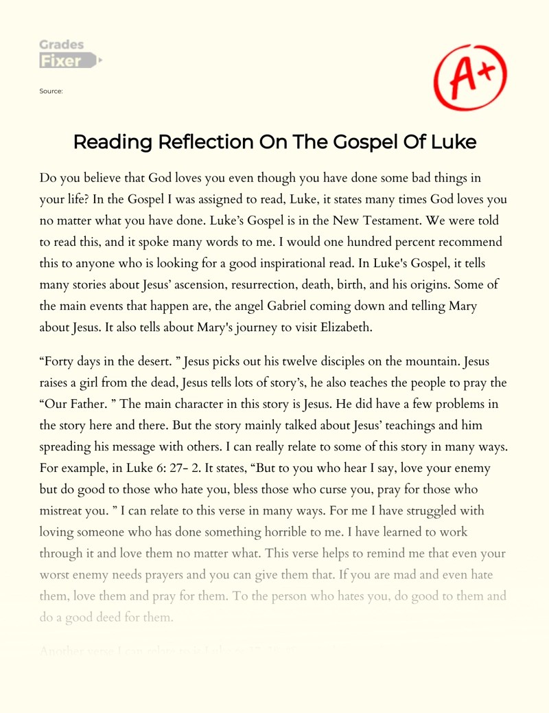 List of citations and sources. Reading Reflection On The Gospel Of Luke Essay Example 555 Words Gradesfixer