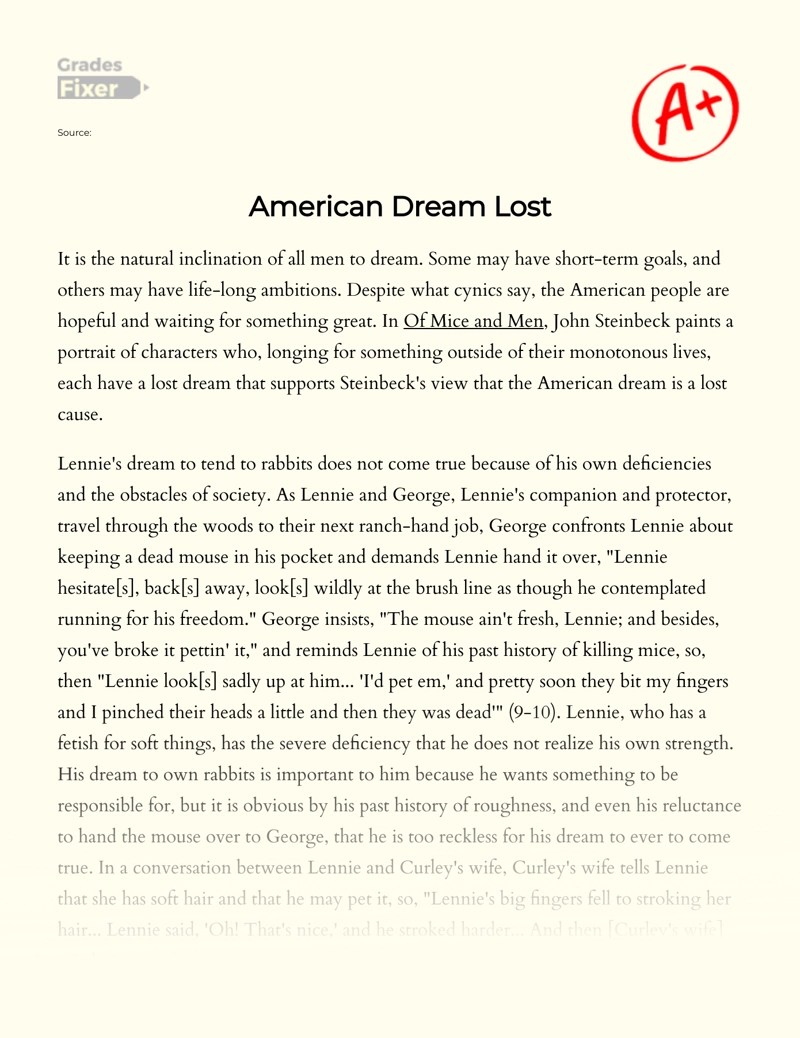 Click again to see term 👆 1/7 Representation Of The American Dream In Of Mice And Men By John Steinbeck Essay Example 1589 Words Gradesfixer