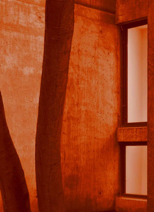 Abstract image of an amber-lit, cement-framed apartment building window