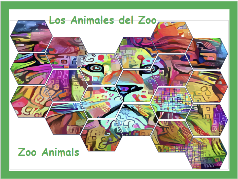 Colourful Gramacri Spanish zoo animals lesson illustration supporting animal vocabulary and visual learning for KS2 primary pupils.
