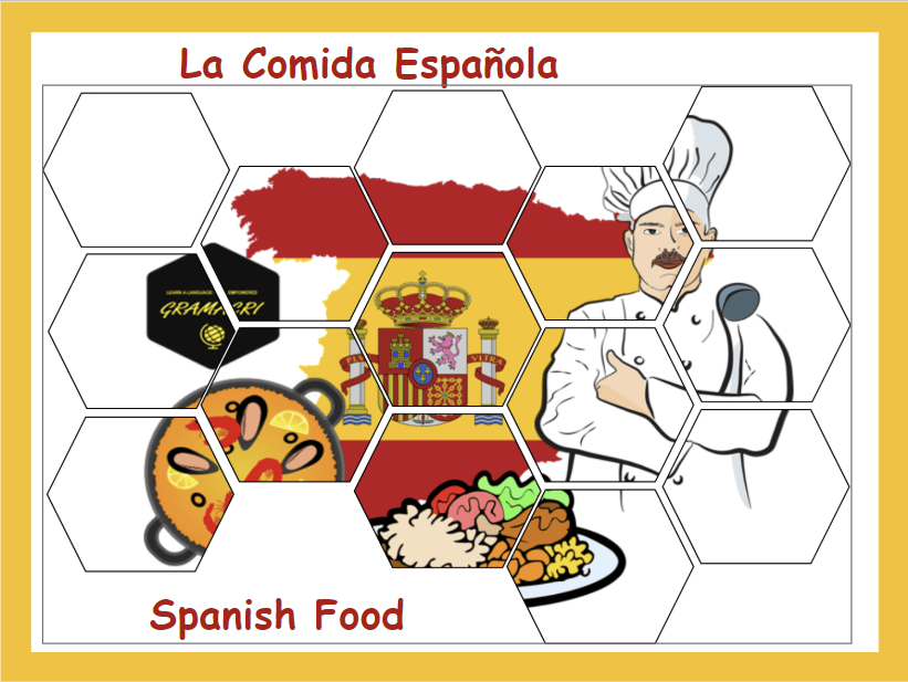 Gramacri Spanish food teaching resource featuring traditional Spanish dishes, a chef and the Spanish flag for primary language lessons.