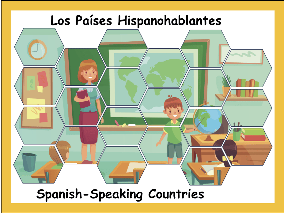 Primary Spanish Scheme of Work geography resource showing a classroom world map and globe for learning about Spanish-speaking countries.