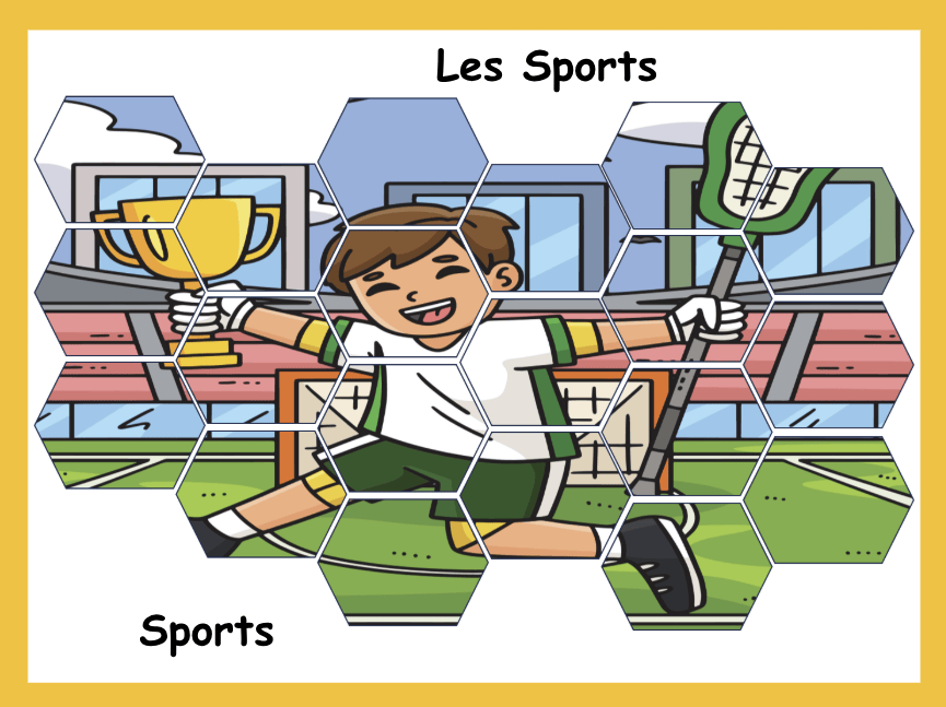 Gramacri sports topic featuring an illustrated tennis player to support French sports vocabulary and language retrieval.