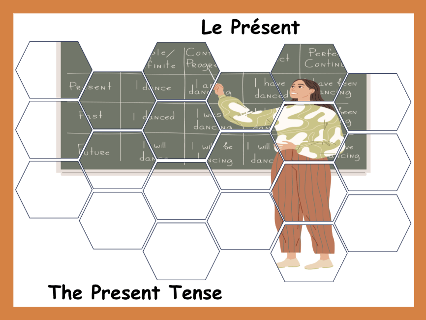Gramacri Primary French grammar resource illustrating a teacher explaining the present tense and French verb conjugation in the classroom.