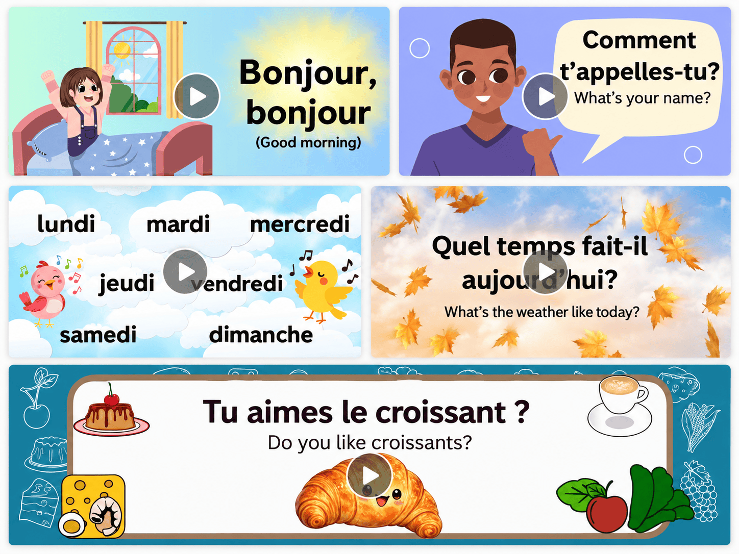 Educational French songs and videos supporting vocabulary recall and pronunciation practice