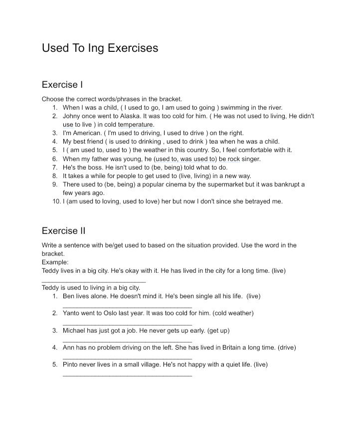 used to exercises with answers grammar englet