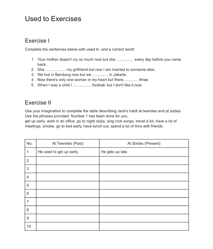 used to exercises with answers grammar englet