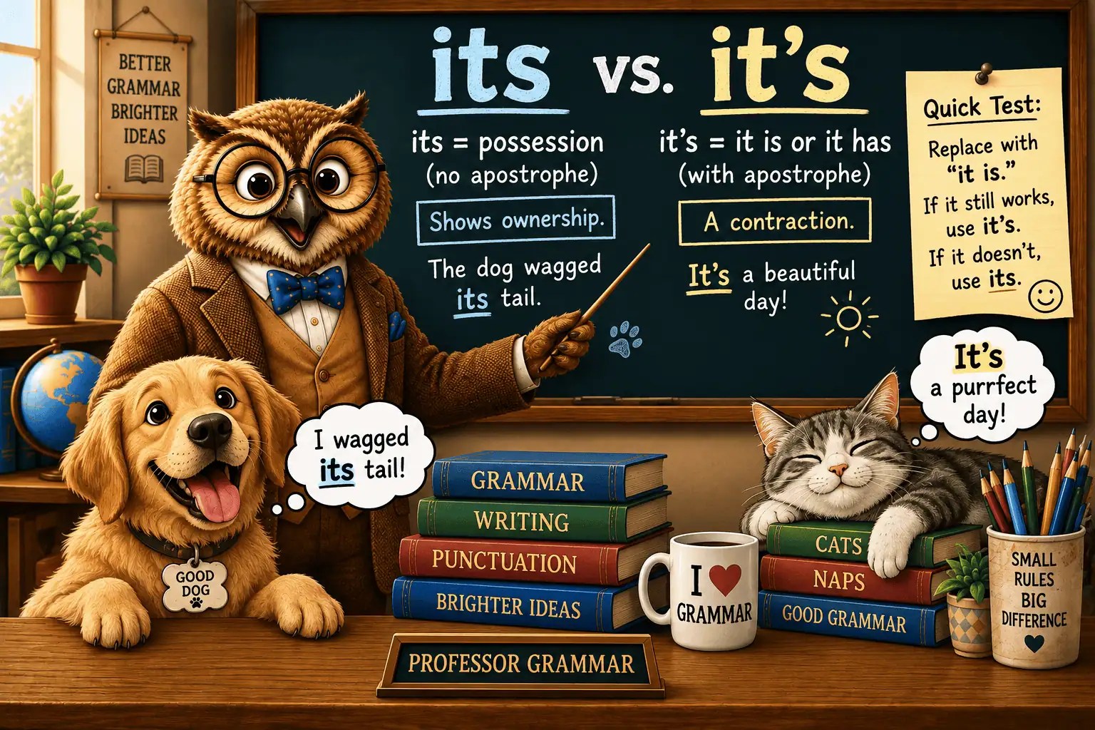 Professor Grammar explains that its shows possession while it’s is a contraction of it is or it has.