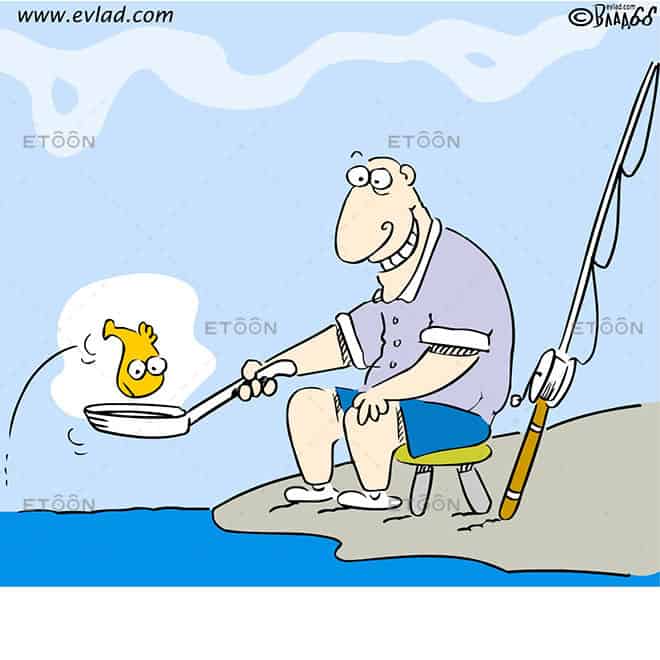 fish jumping into pan cartoon