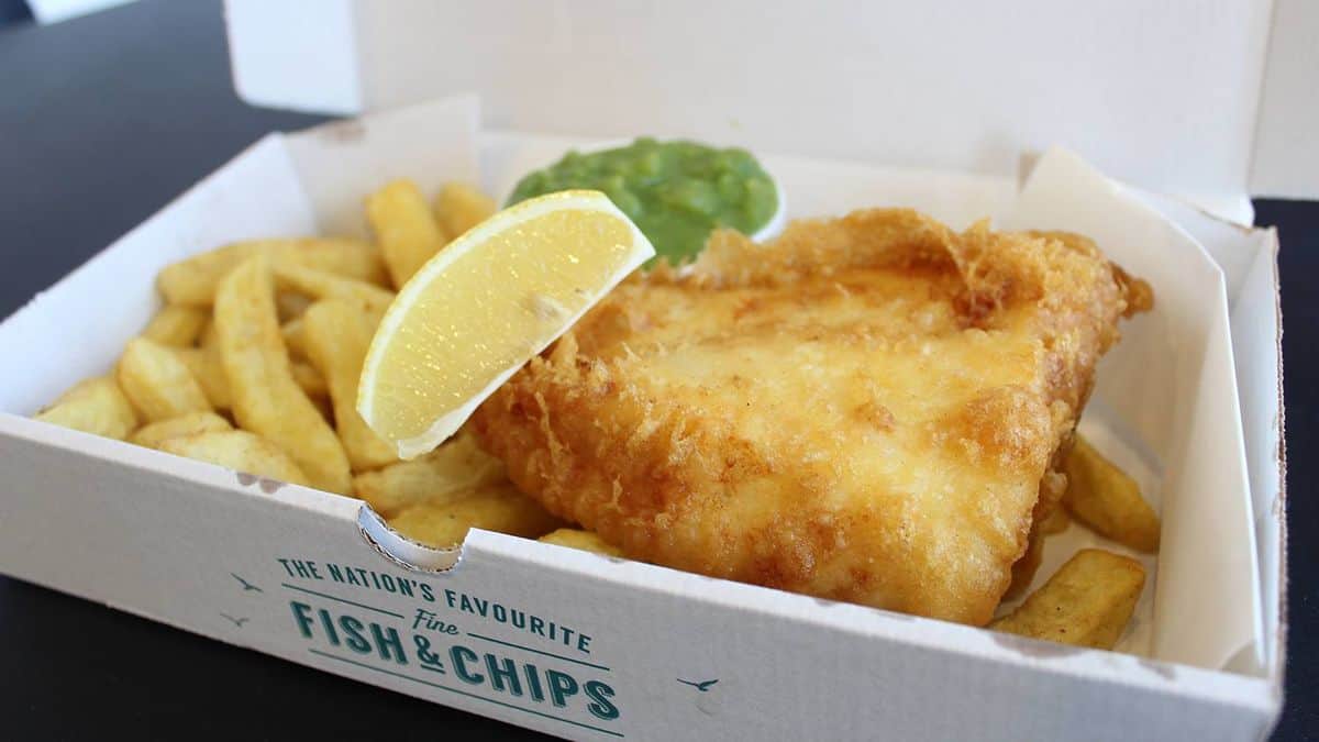 Fish and chips in a take away box