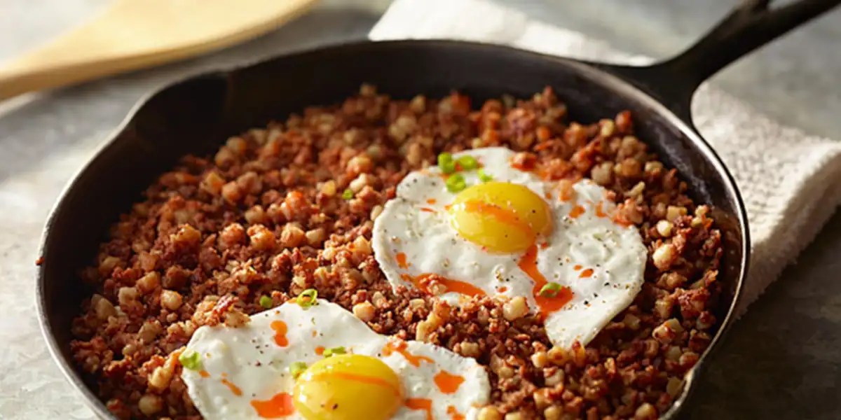 corned beef hash with eggs on top