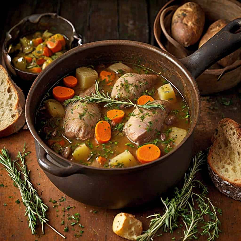 rabbit stew in a cooking pot with sprigs of rosemary and bread on a worktop
