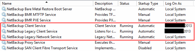 Screenshot NetBackup Legacy Network Service running with LocalSystem