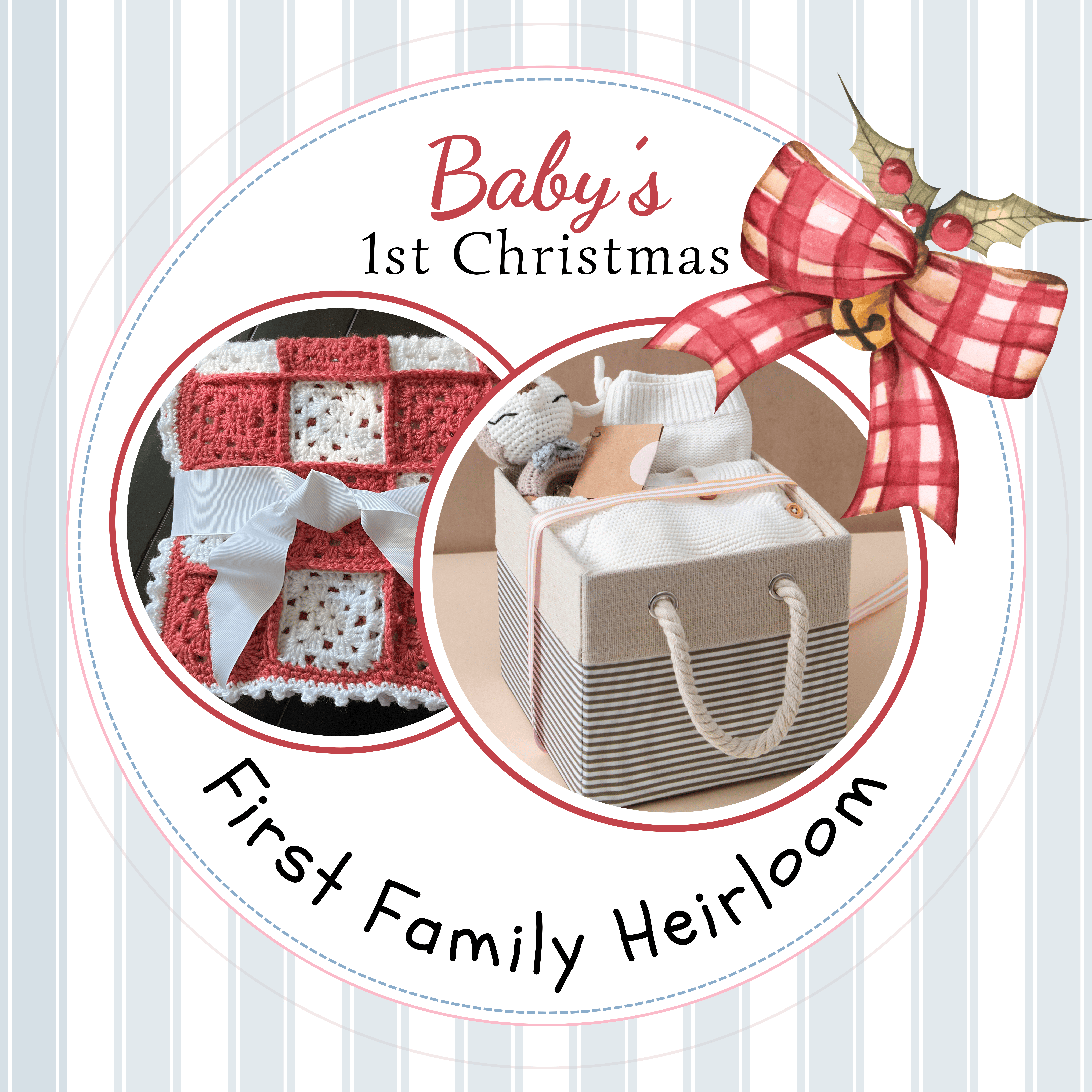 Red and white baby blanket shown with a family heirloom box to save for baby's first Christmas