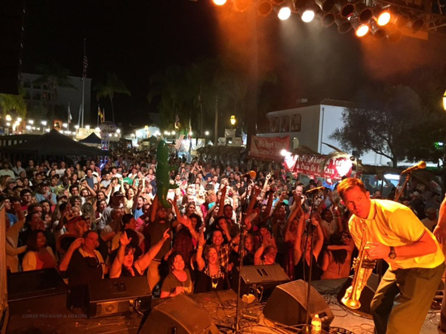 Singer facing a packed evening festival crowd