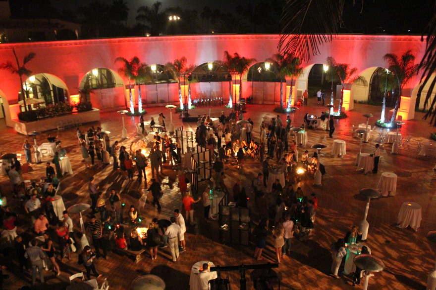 Crowded courtyard party seen from above