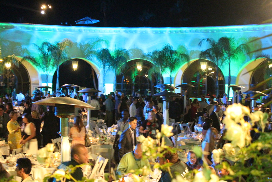 Courtyard dinner under projected foliage