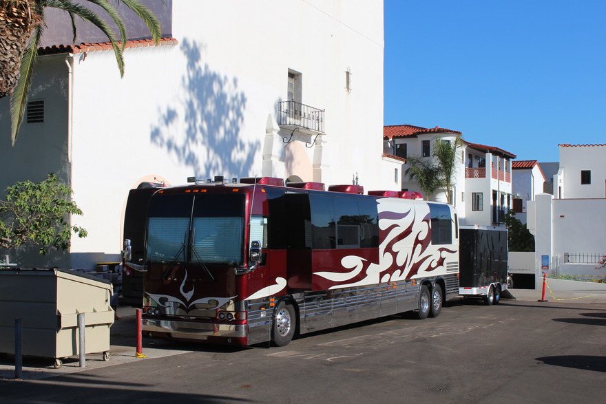 Tour bus parked outside the venue