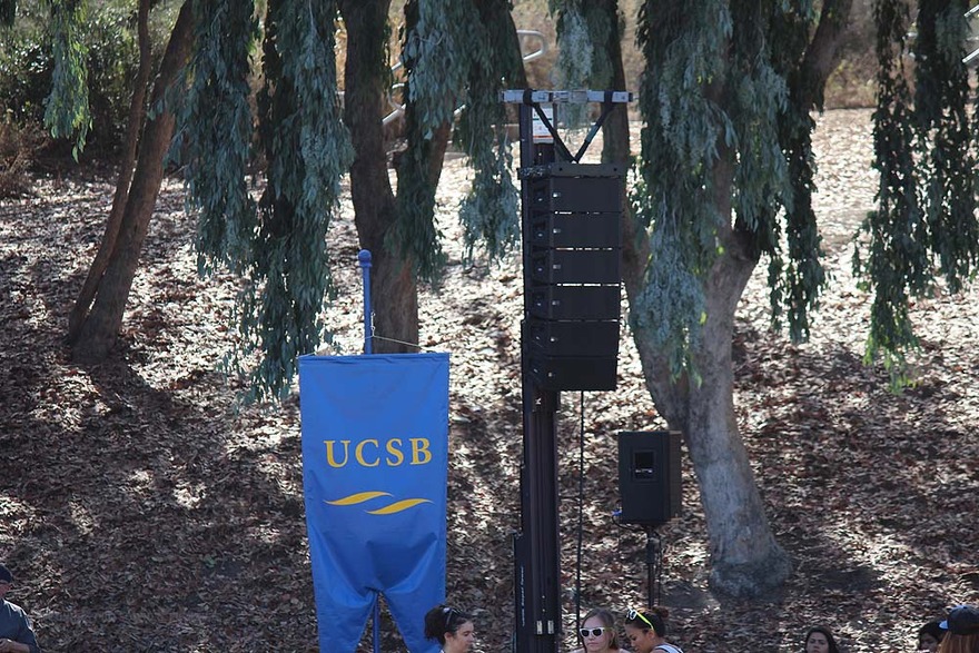 UCSB banner beside speaker on a stand
