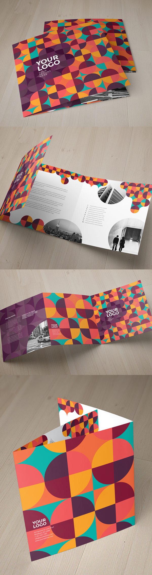 Plantilla de folleto tríptico con patrón cuadrado colorido Plantilla de folleto tríptico con patrón cuadrado colorido