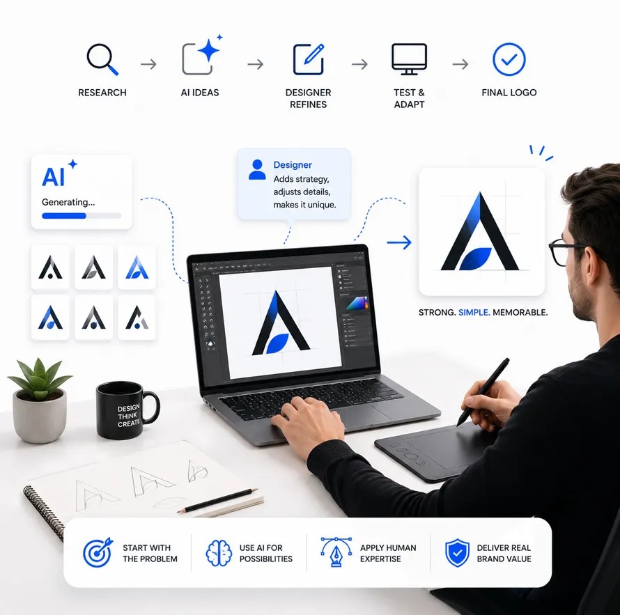 Logo designer working with AI during the design process