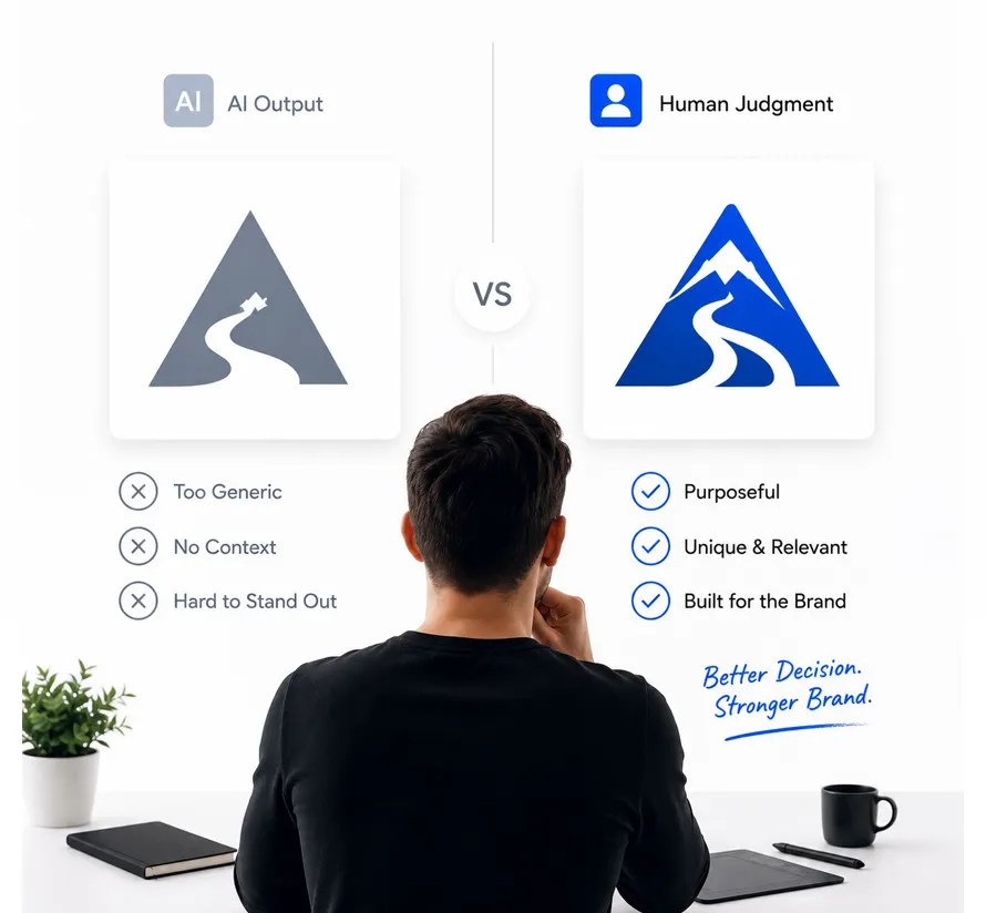 Human designer reviewing AI logo concepts