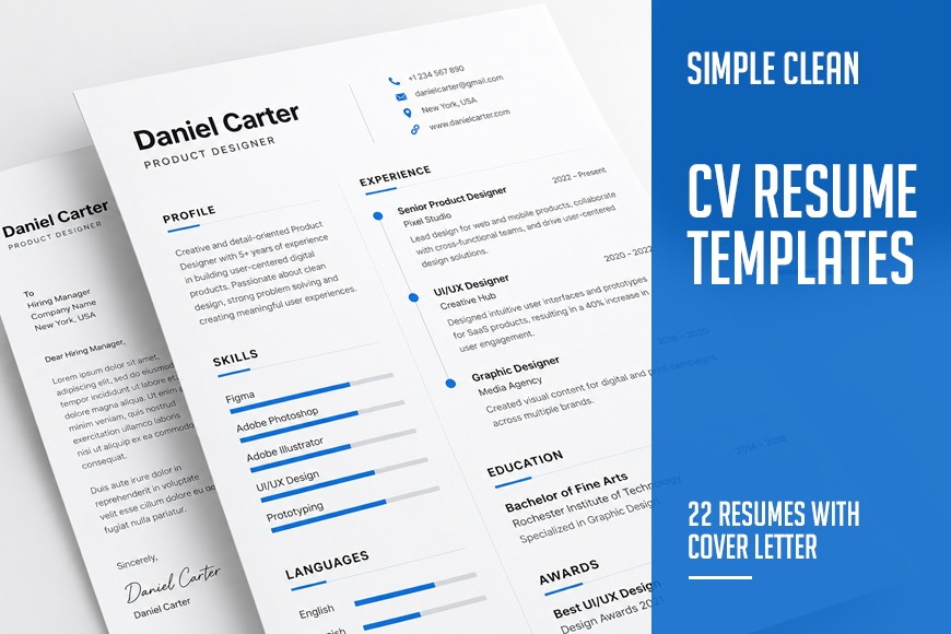 Simple Clean CV Resume Templates – 22 Resumes with Cover Letter