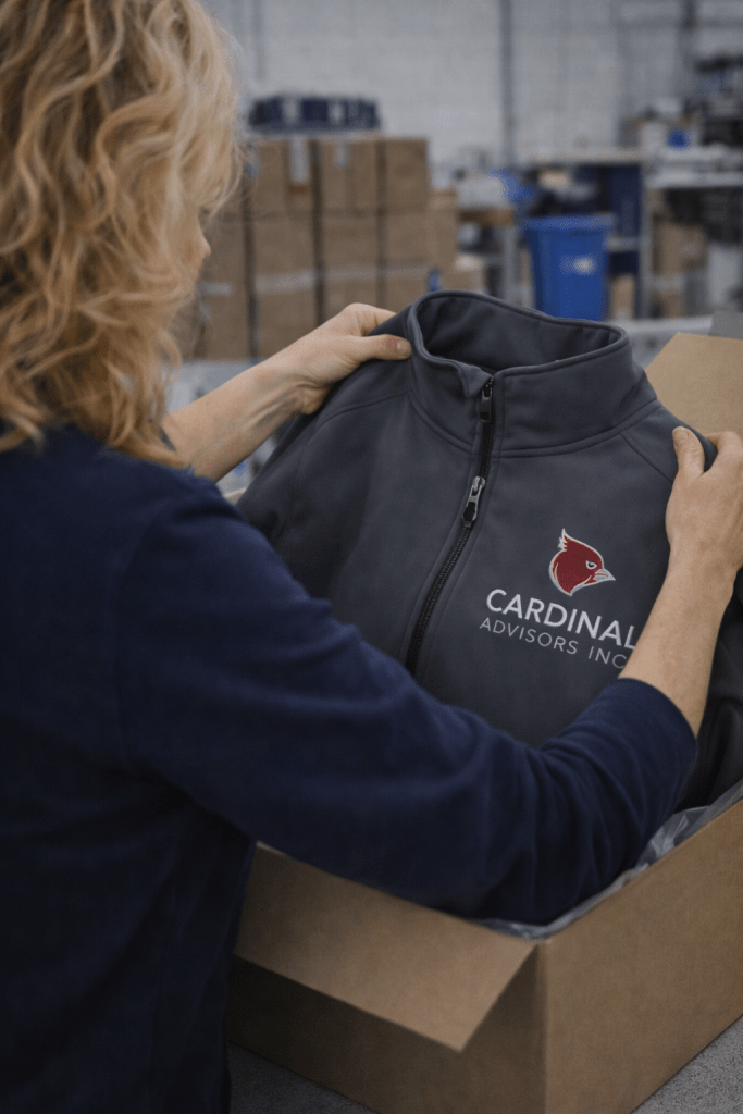 Cardinal soft shell jacket being packaged into a box