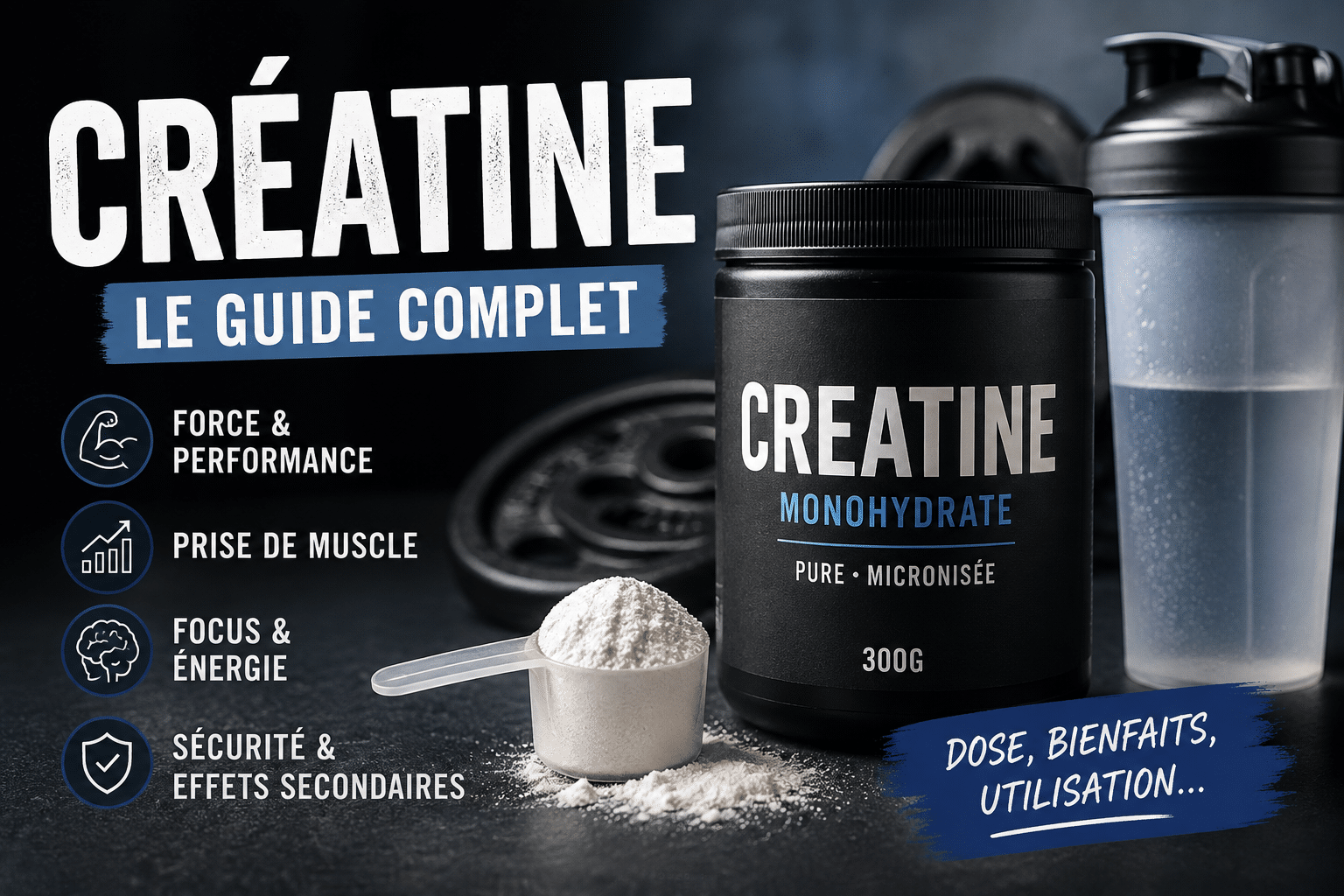 Un pot de créatine avec une scoop sortie, du texte des altères
