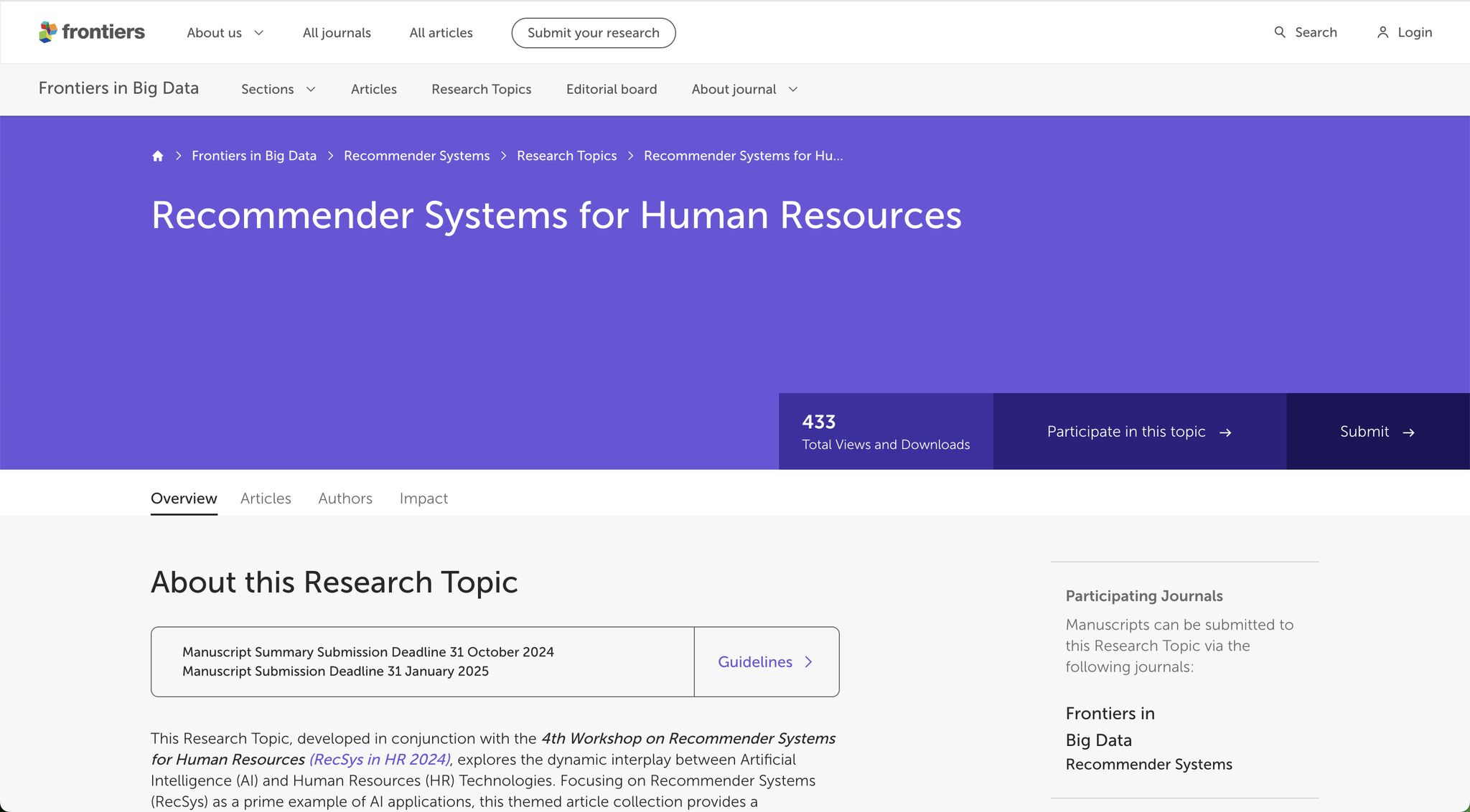 Special Issue on RecSys in HR at Frontiers in Big Data
