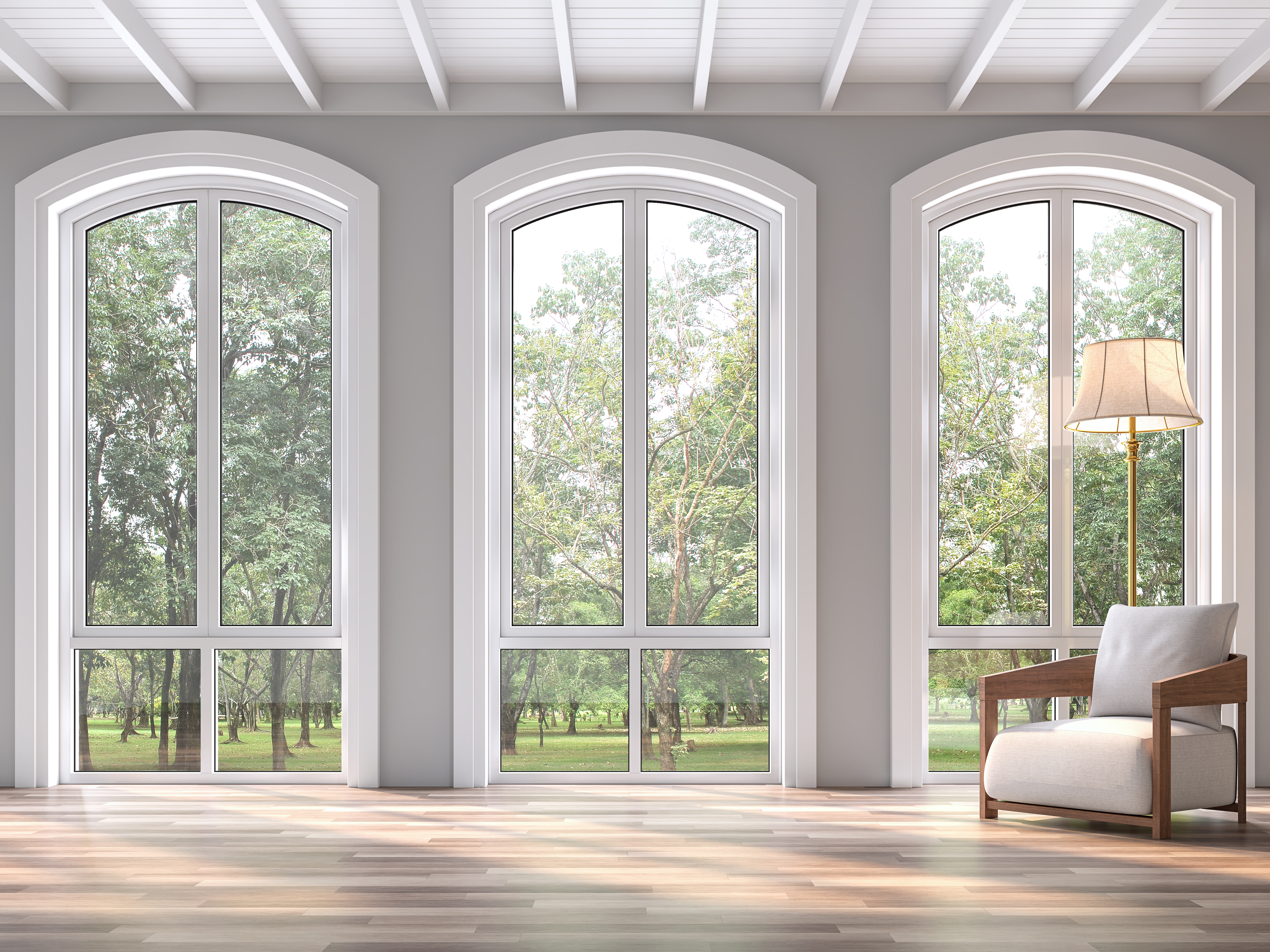 Modern classic living room with nature view 3d render.The Rooms have wooden floors and white wood ceilings.Decorated with white fabric chair,There are arch shape window sunlight shining into the room.