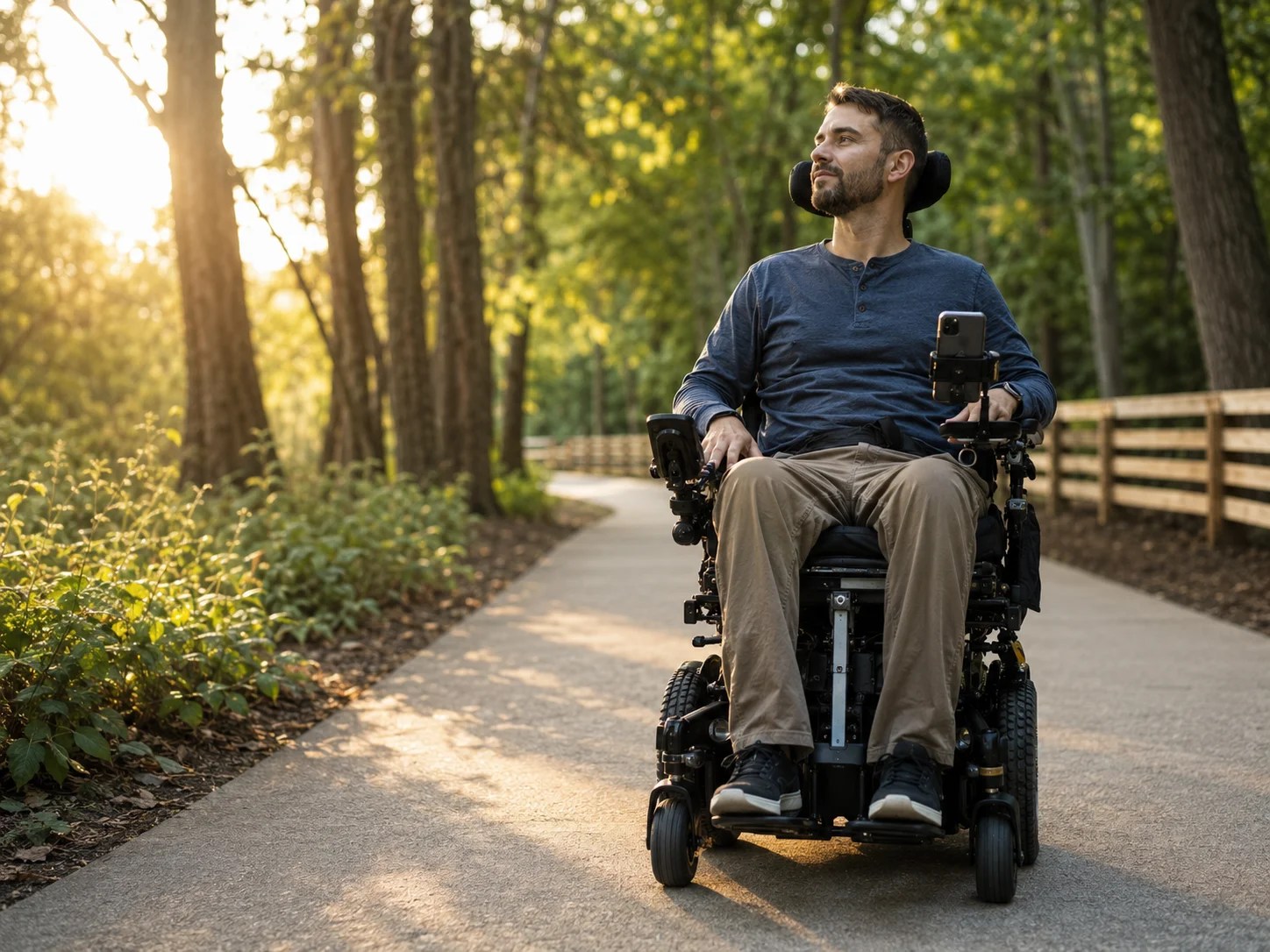 Man using a power wheelchair on a sunlit paved trail through the woods
