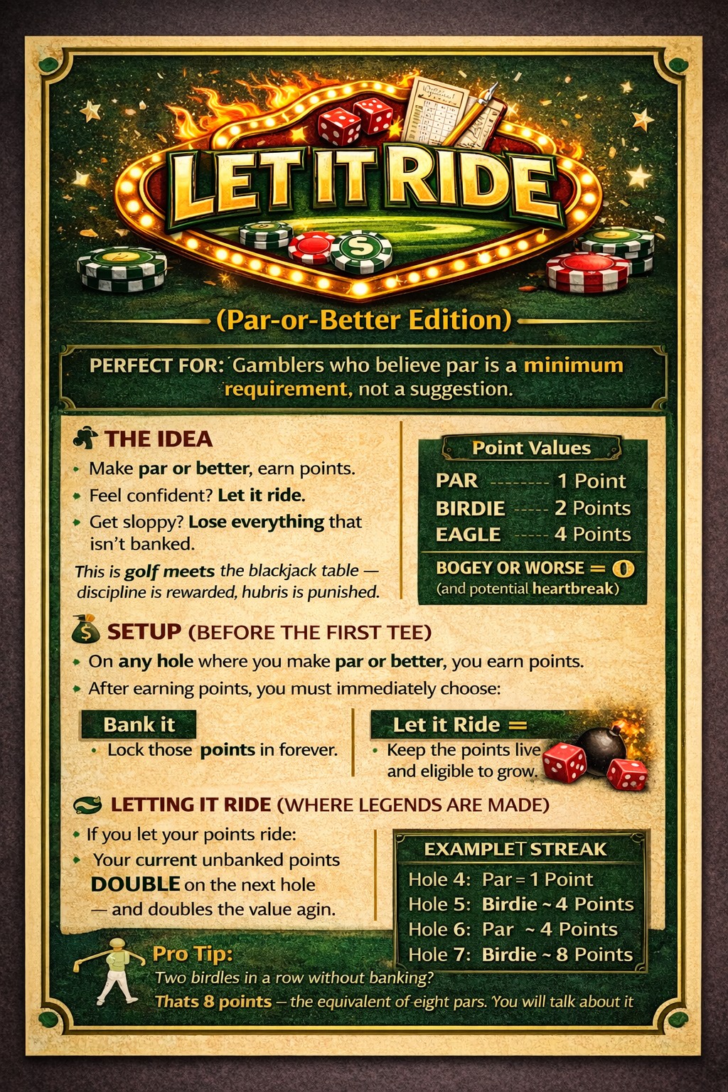 LET IT RIDE Great Games For Golfers Let It Ride Scoring Card 