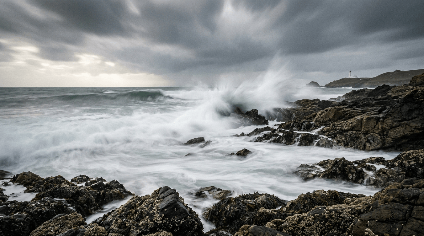 Tall ocean swell breaking against a rocky shoreline under a cloudy sky