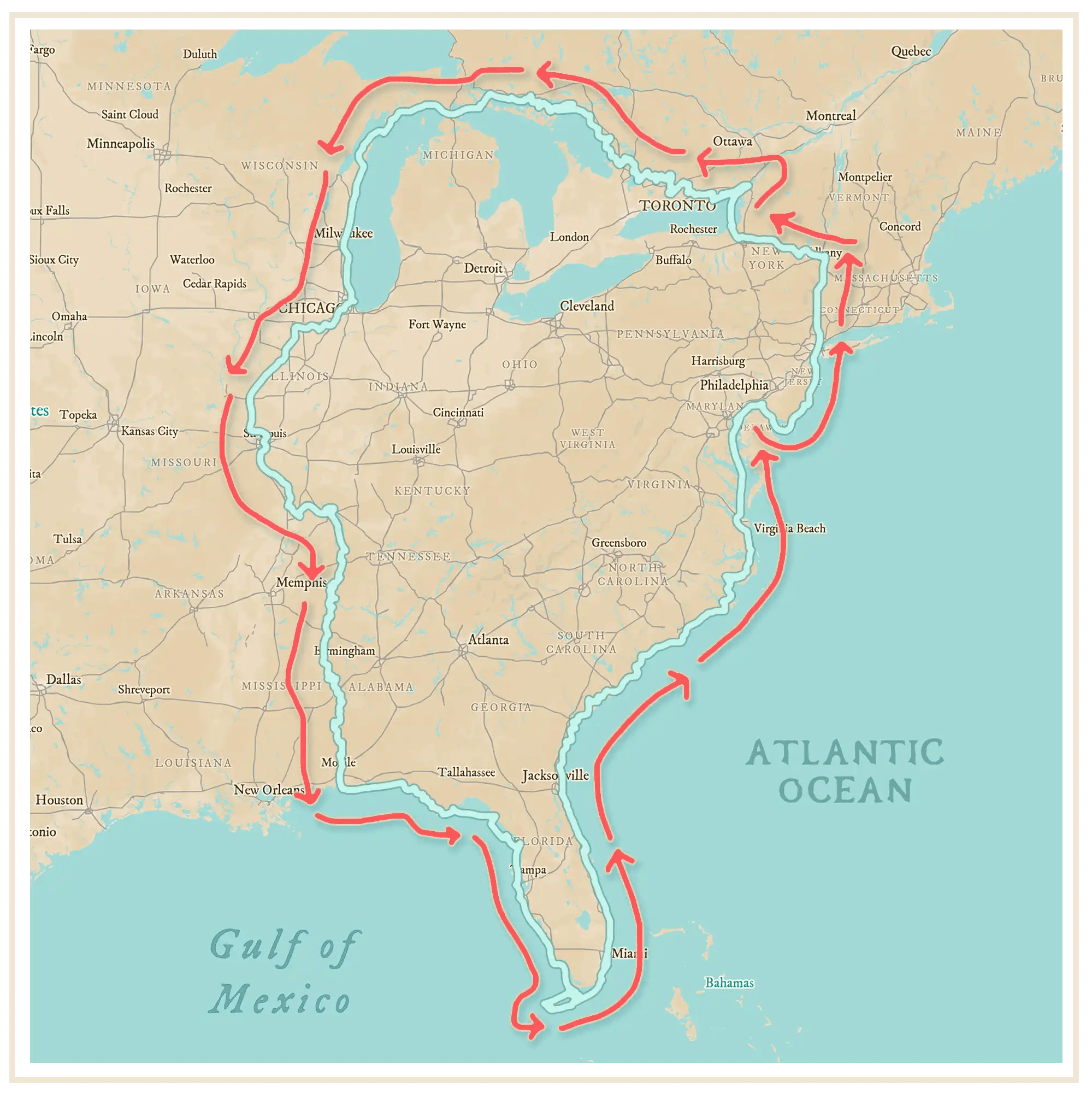 Great Loop map showing the direction of travel for a Great Loop cruise.