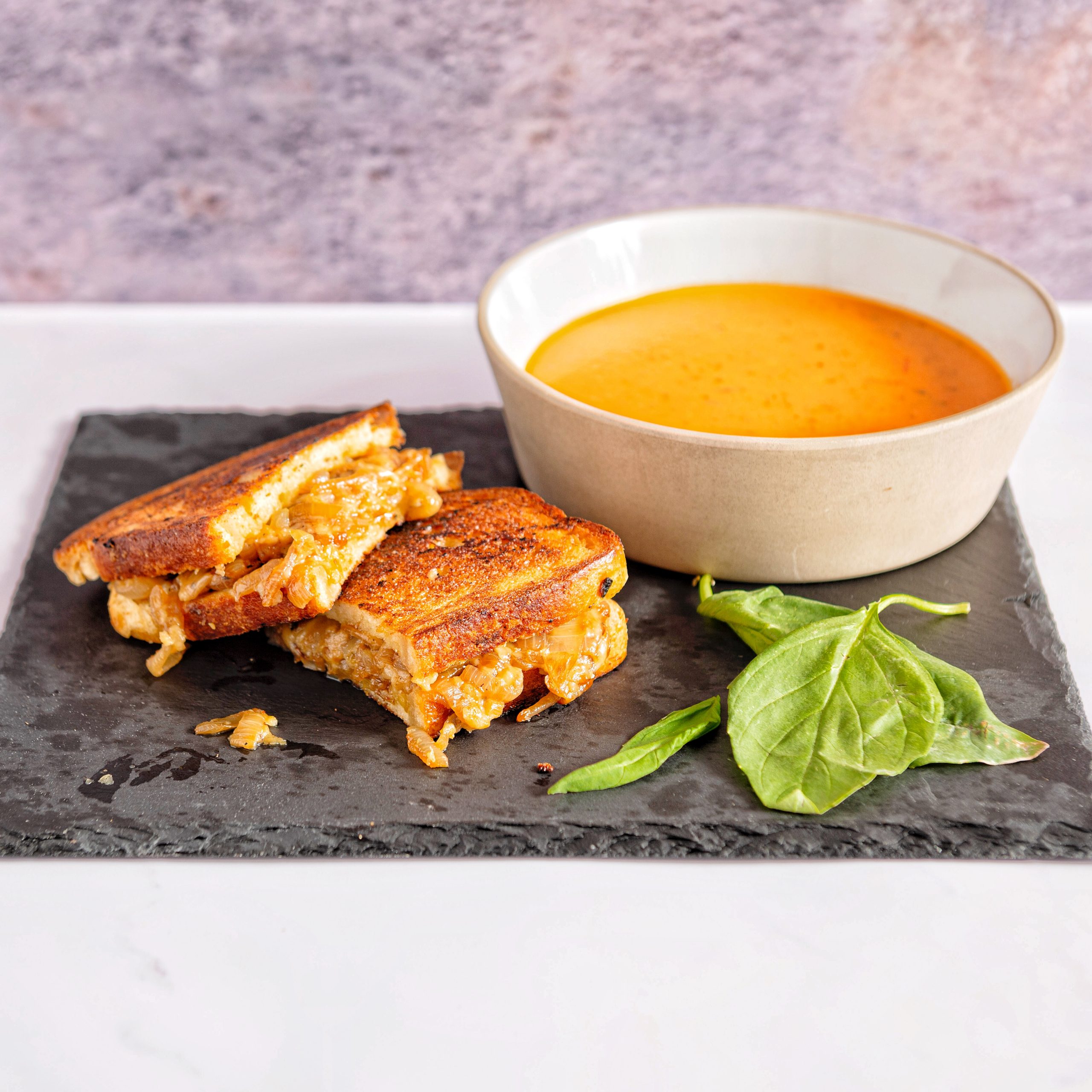 French Onion Grilled Cheese with Tomato Soup