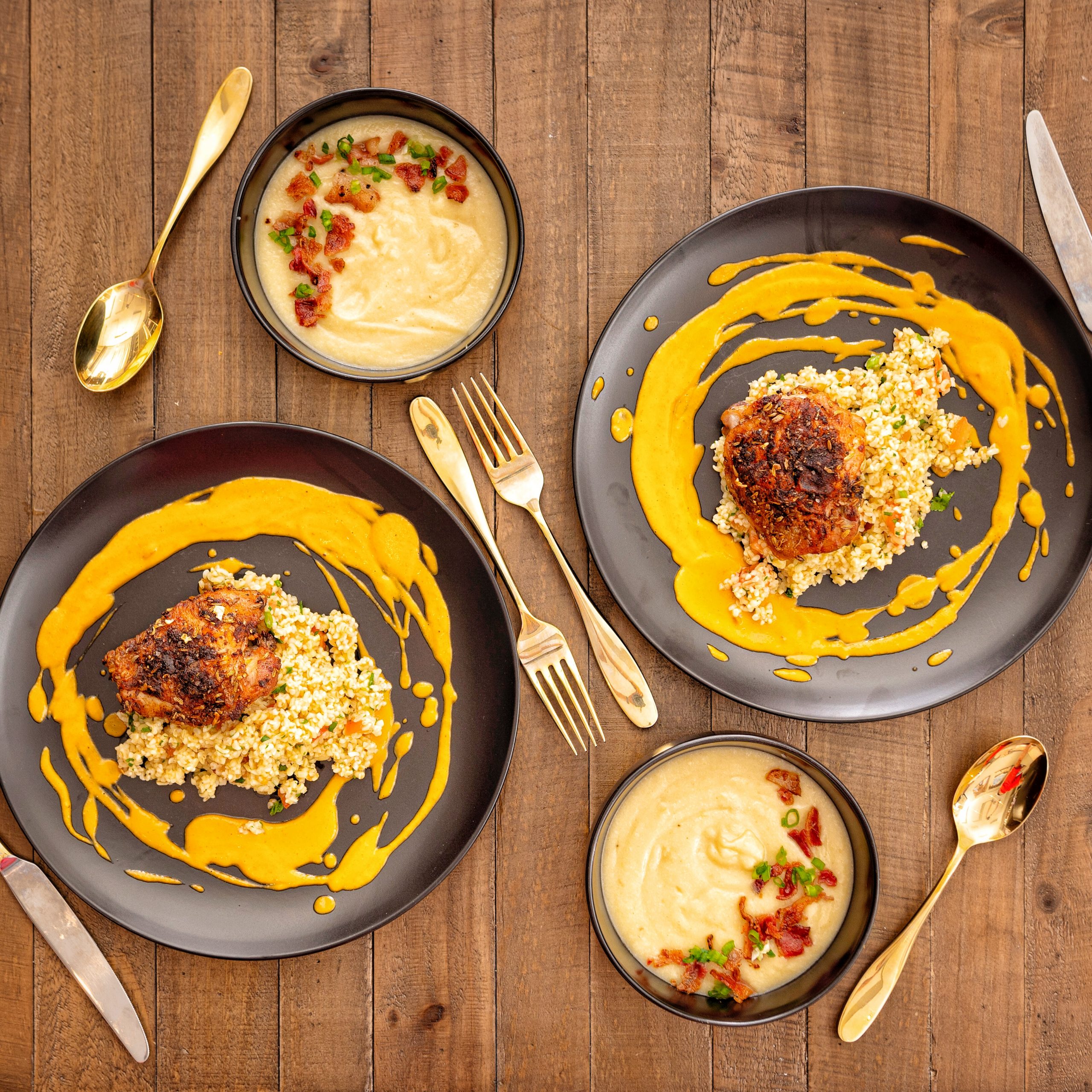 Roasted Chicken Thughs with Tabbouleh and Cauliflower and White Cheddar Soup