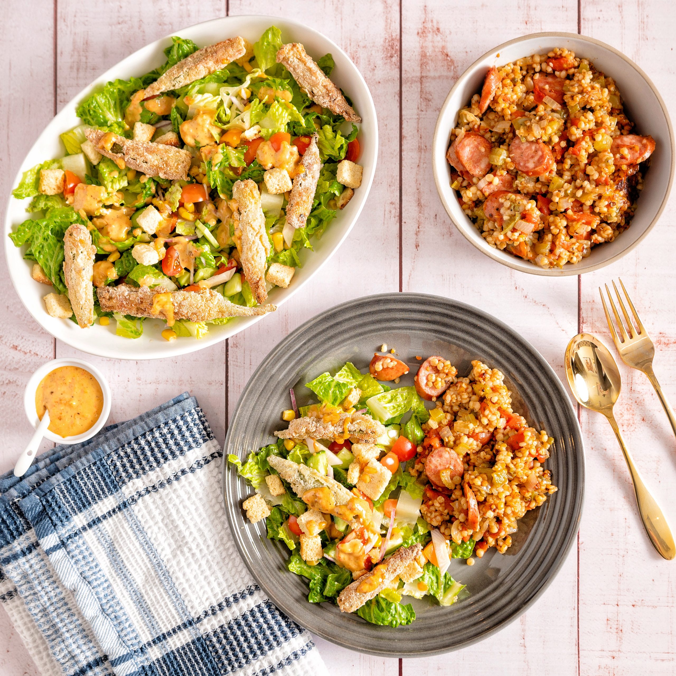Creole Caesar Salad with Israeli Couscous Casserole