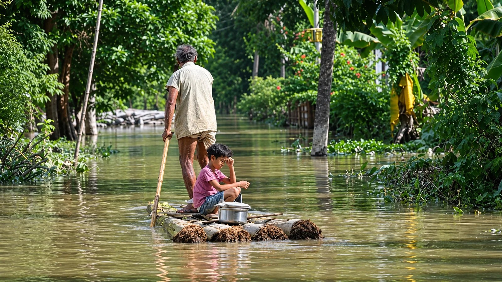 Family travelling on a bamboo raft after being displaced by the Assam floods
