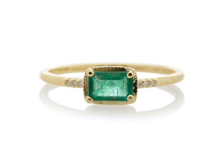 delicate gold banded emerald cut emerald