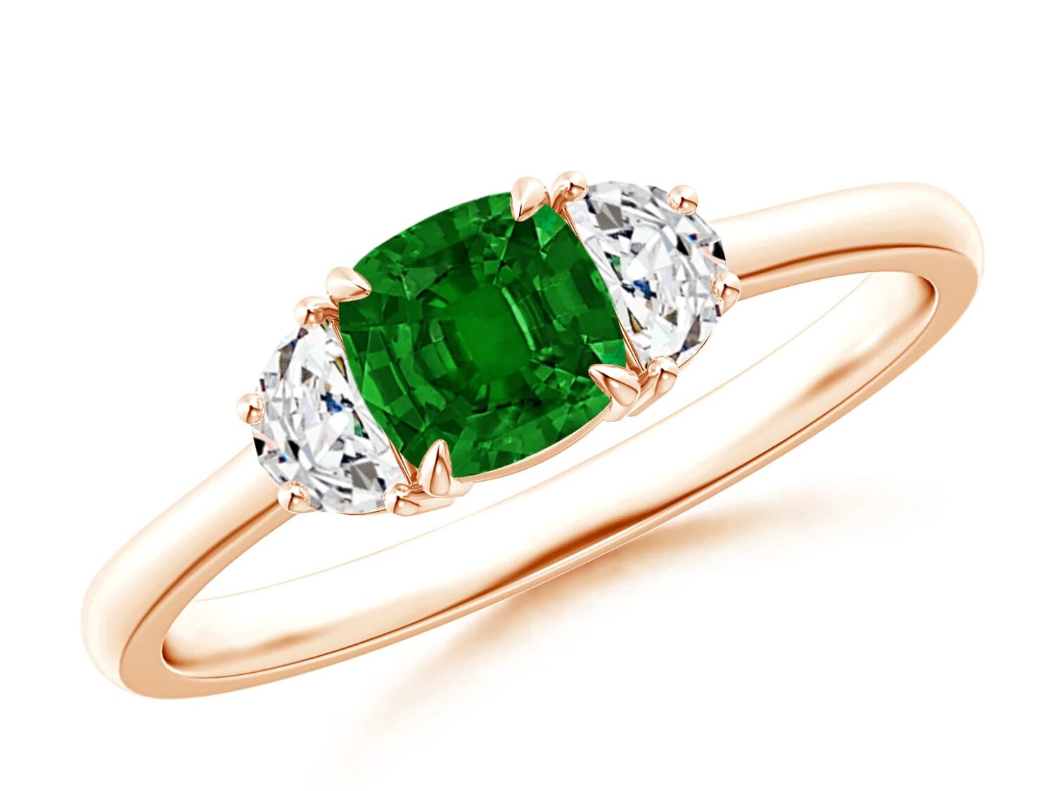 three stone rose gold emerald engagement ring