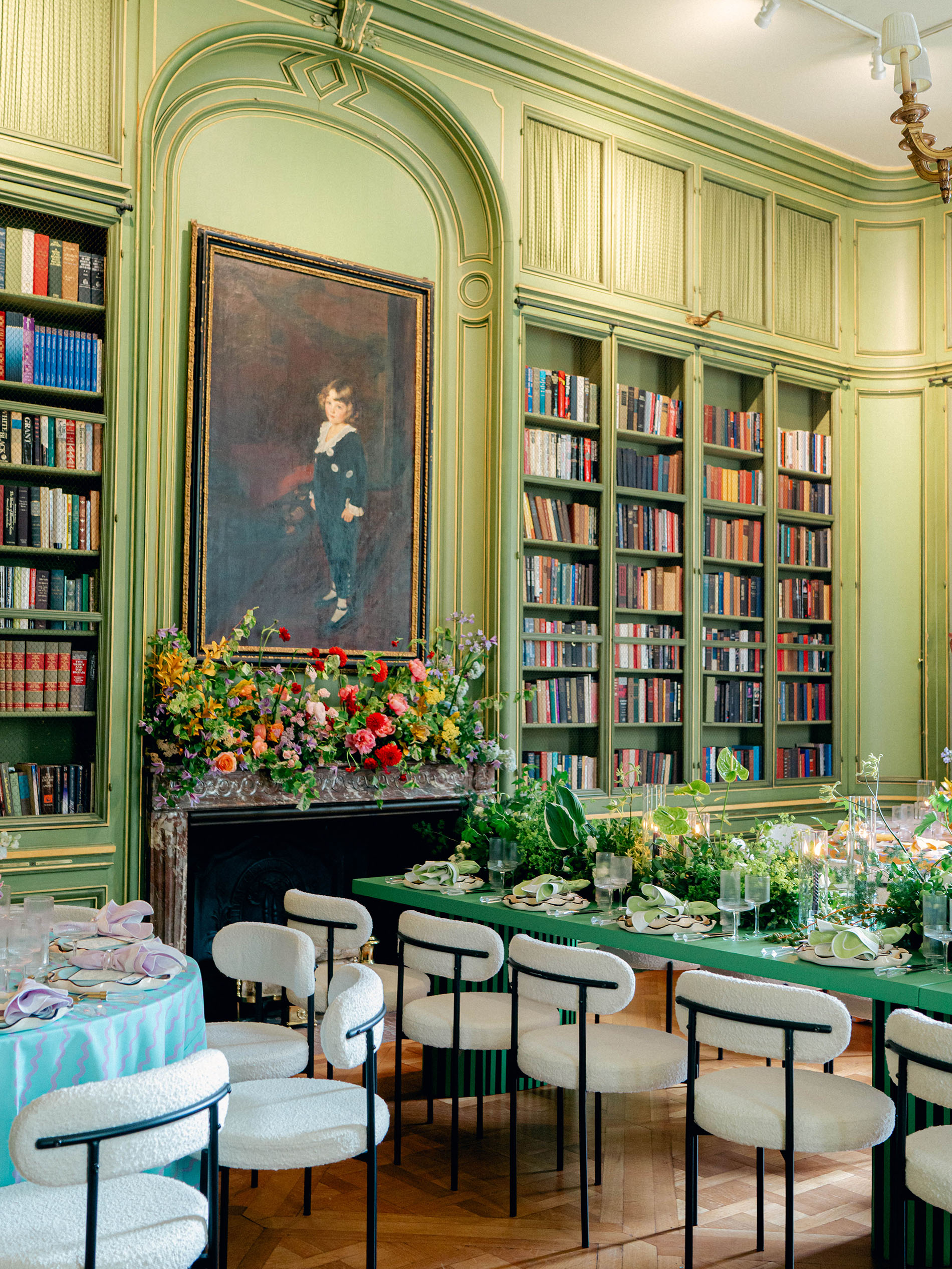 libary setting for this reception with brat green color palette