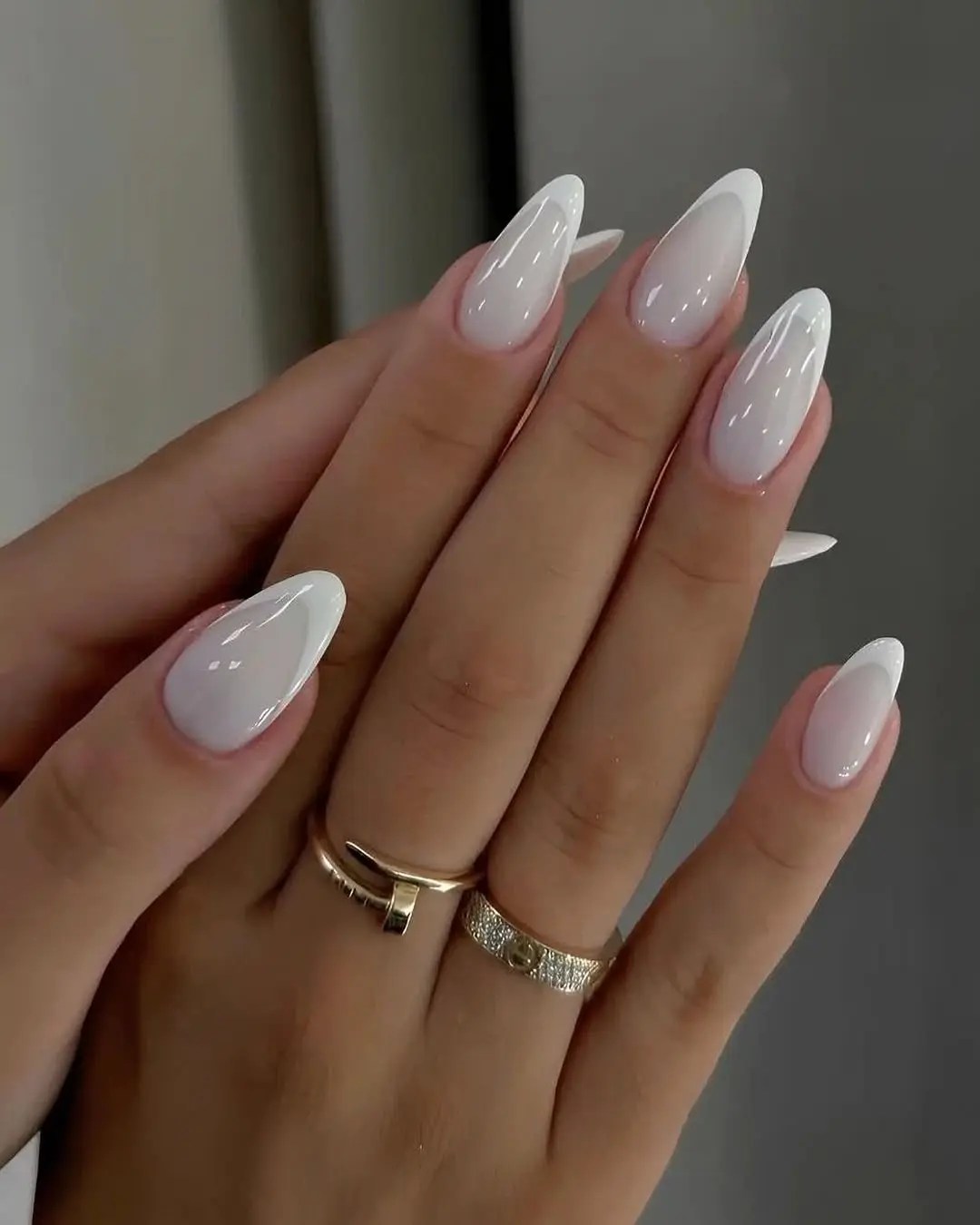 long almond shaped creamy manicure with classic tips