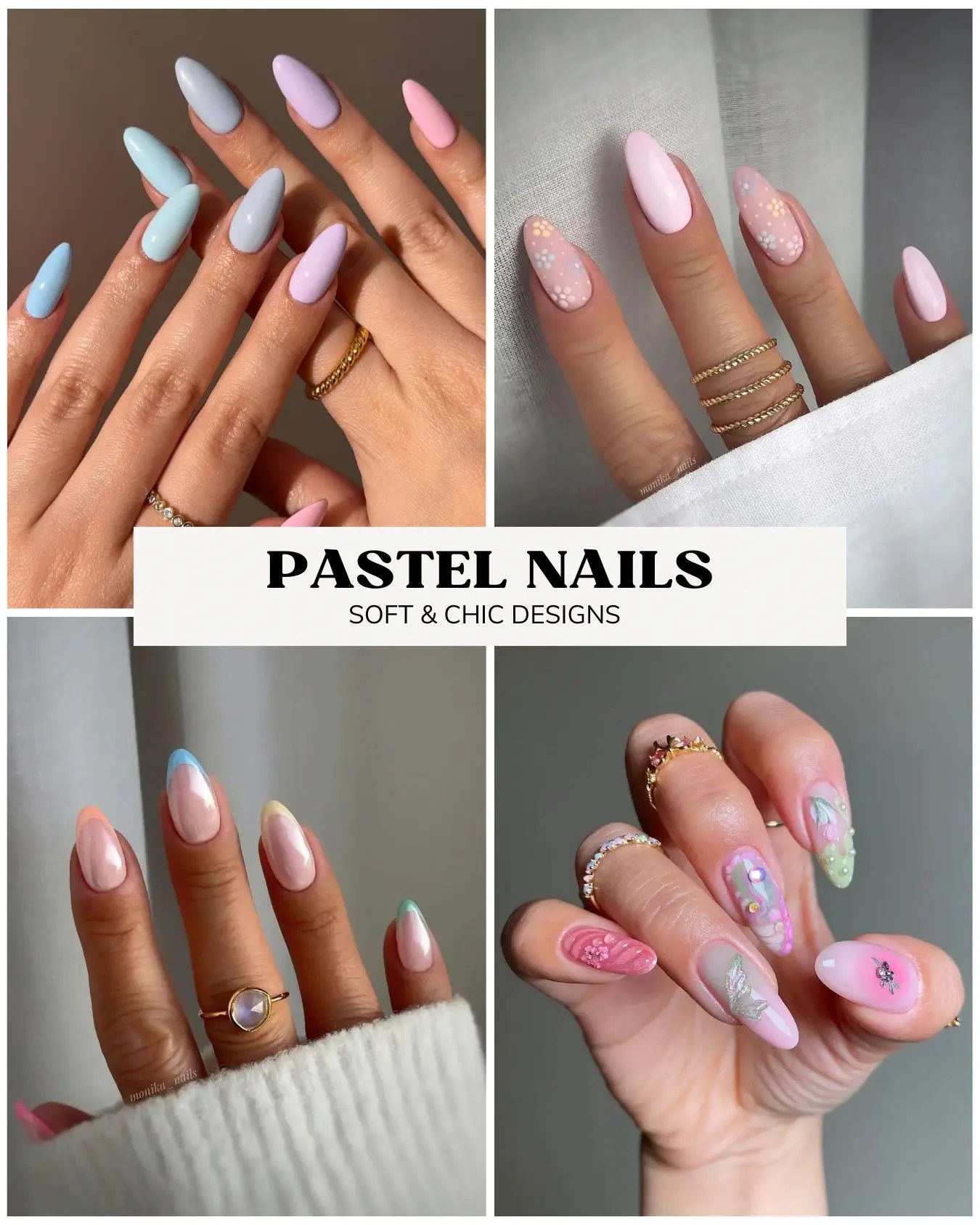 A collage of pastel nails featuring soft pink, blue, yellow, and floral nail designs