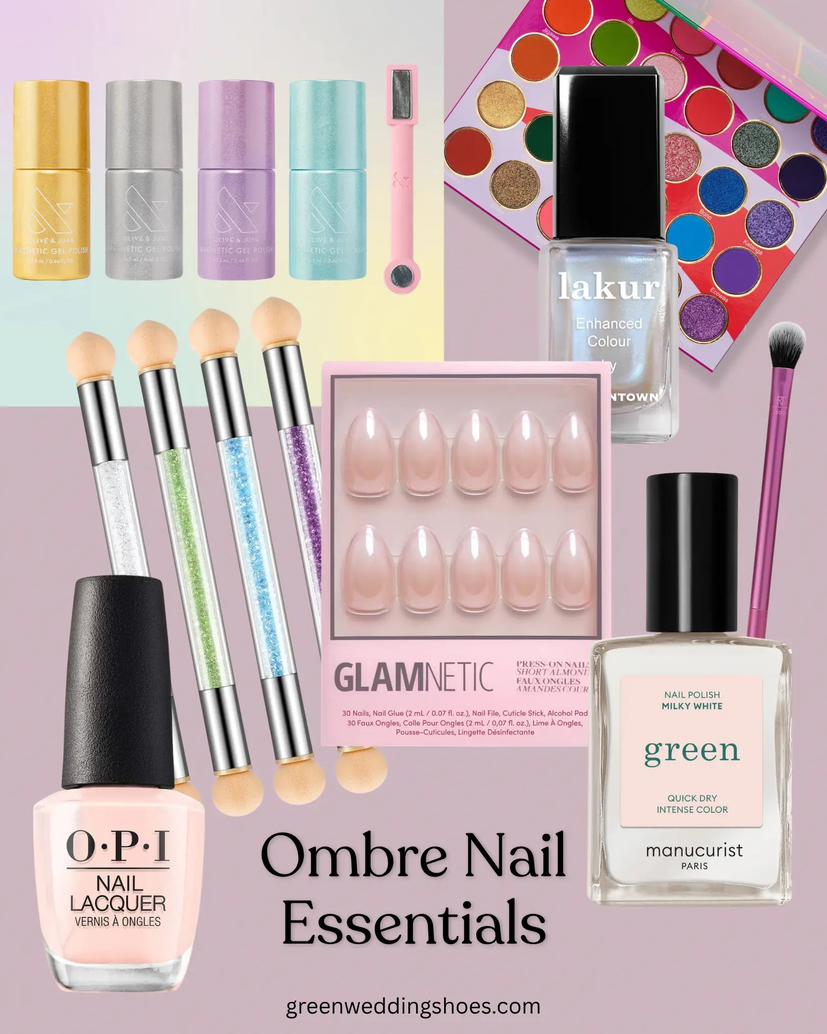 collage of ombre nail essentials including nail art tools and trendy nail polish